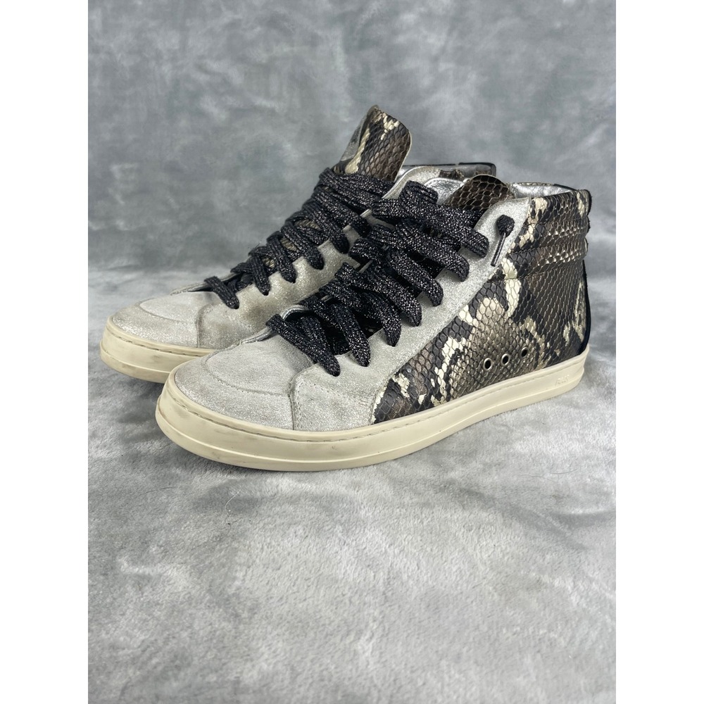 P448 Skate High Top Sneakers Womens 38 Silver Snakeskin Excellent Side Zip Shoes